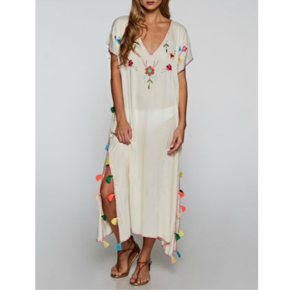 Lovestitch White and Pink Embroidered Kaftan Beach Cover Up Dress Small Medium